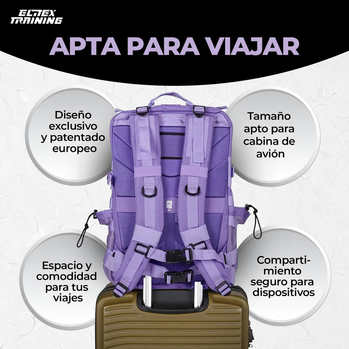 ELITRAINX Mochila Táctica 45L – Mochila Cabina Avión 40x20x25, Crossfit, Oxford 1000D Impermeable, Compartimento Zapatillas, Gimnasio, Hombre y Mujer (Lavanda) — view 3