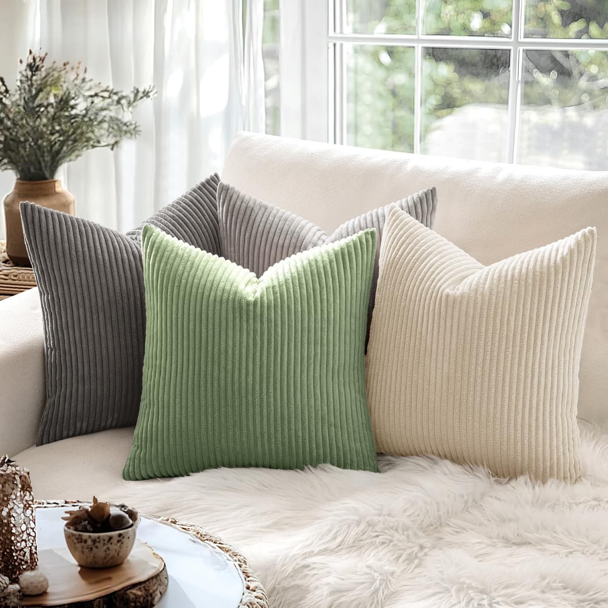 MIULEE Set of 2 Striped Corduroy Square Throw Pillow Case Soft Cushion Covers Sham Home for Sofa Couch/Bedroom Decorative Fluffy Large Pillowcases 18x18 Inch 45x45cm Sage Green — view 3