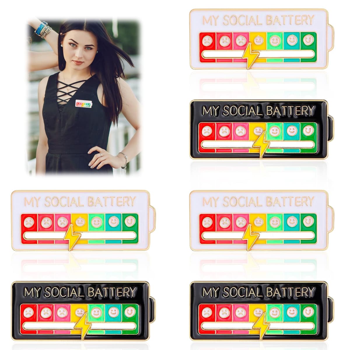 6 PCS Social Battery Pin, Mi Pin de Batería Social para el Estado de Ánimo, Broches de Esmalte Interactivos, Pins de Humor Creativos y Divertidos, Accesorios para Expresar Emociones — view 4