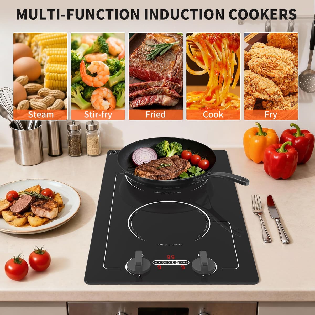 VBGK Induction Hob,220V 3000W twin induction hob with LED Touch Screen, 10 Power Levels, Kids Lock & Timer, Overheat Protection, knob and touch control Double Induction Hob — view 5