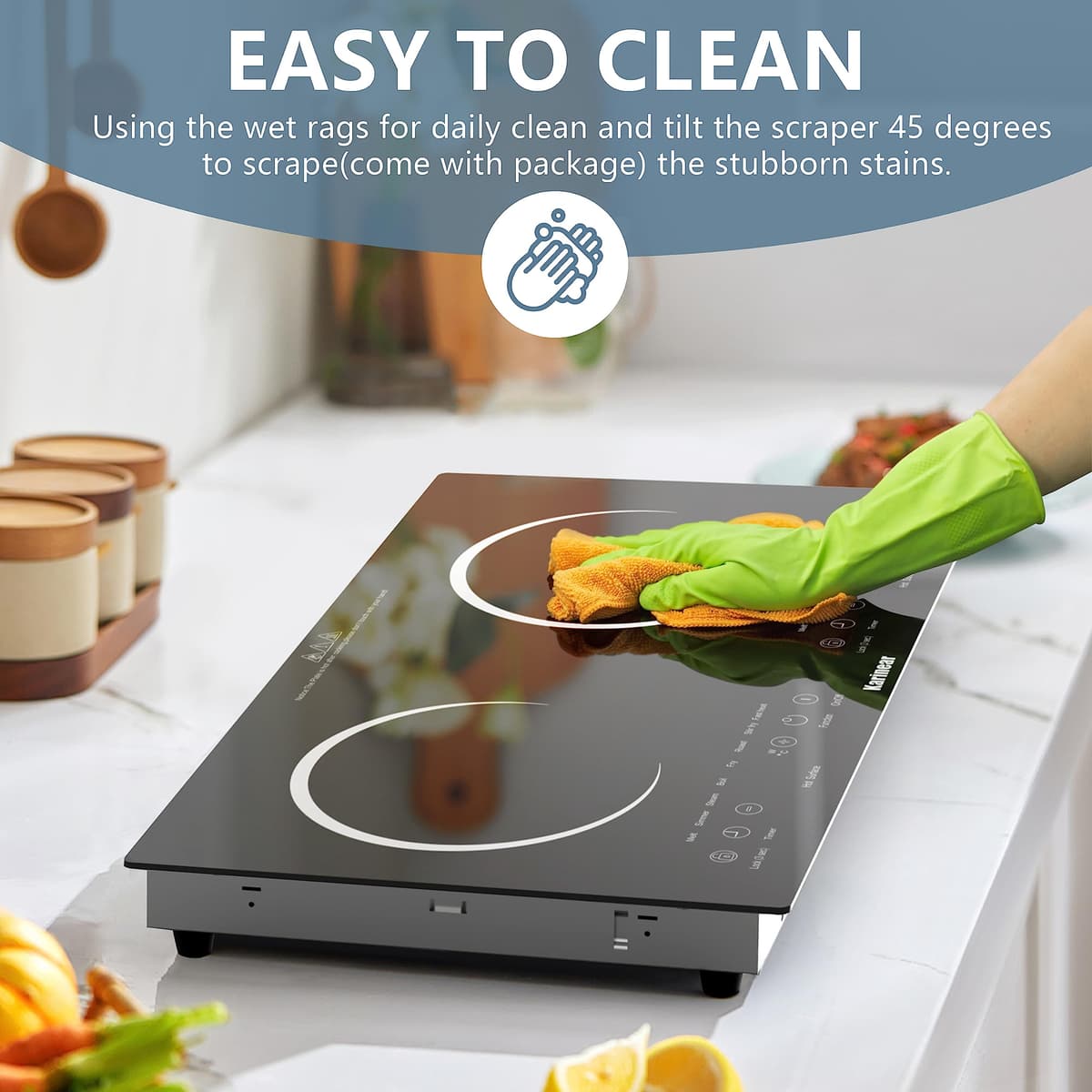 Karinear Double Ceramic Hob, Desktop Plug in 2 Zone Electric Ceramic Hob with LED Display, 4-Hour Timer, 9 Power up to 2800W, Safety Lock — view 3