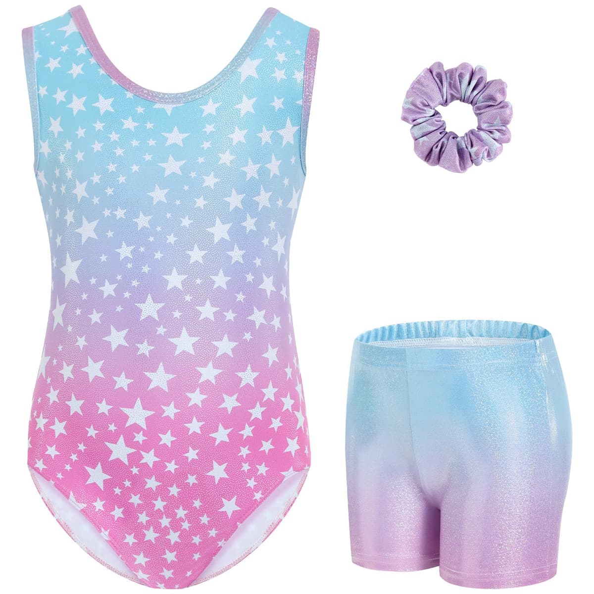Gogokids Conjunto de gimnasia de tres piezas para niña, cuello en Y, sin mangas, con pantalones cortos y diadema, traje de gimnasia con diseño de bloques de color azul y morado, 3-12 años — view 25