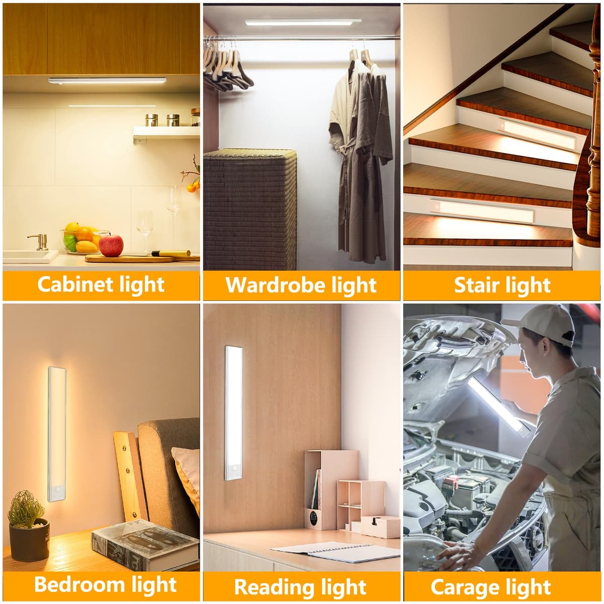 OUILA Under Cabinet Kitchen Lights, 64 LED [2 Pack] 3 Color Stepless Dimming Motion Sensor Lights Indoor, 1000mAh USB-C Rechargeable LED Lights for Cupboard, Kitchen — view 7