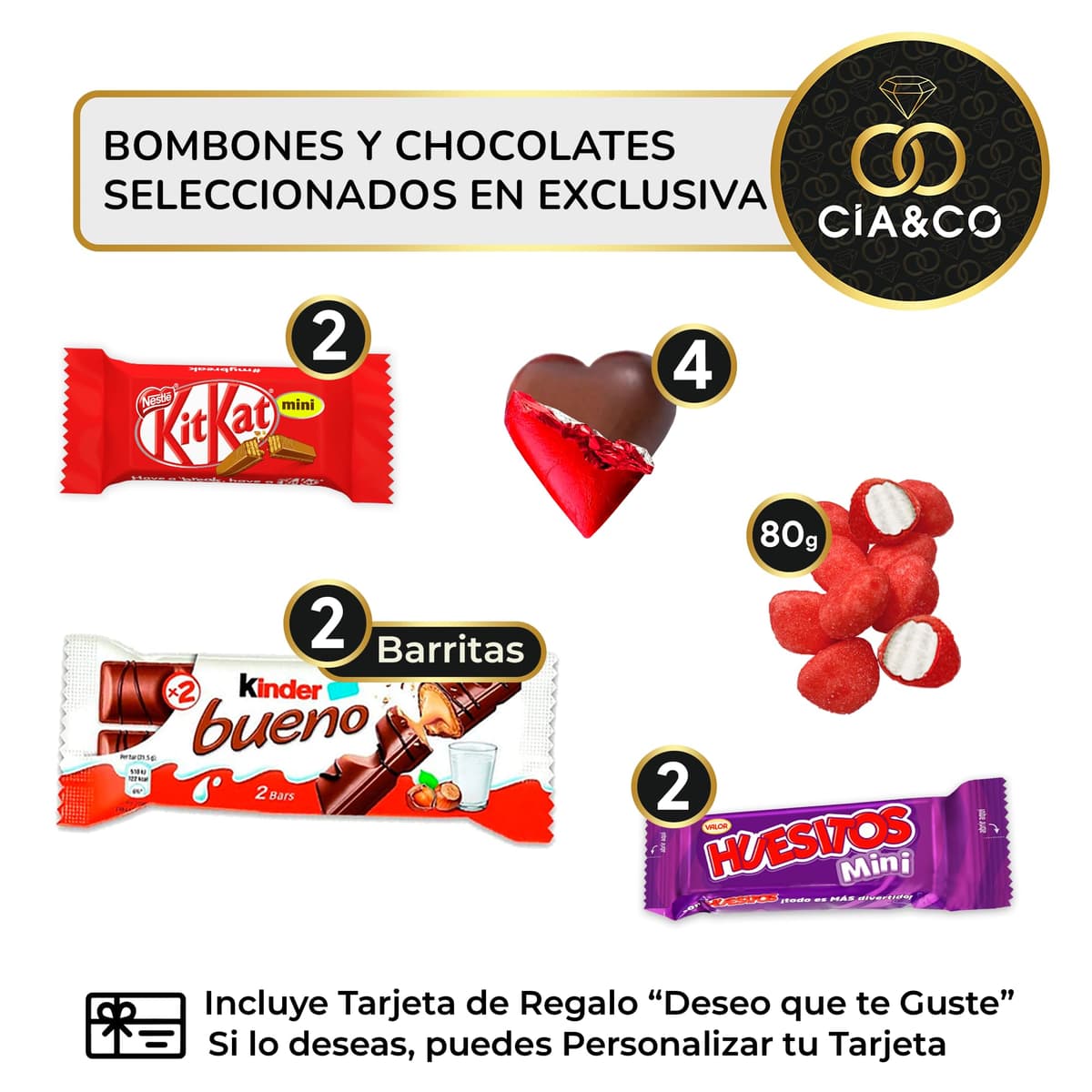 Cajita para Regalo con Chocolate Kinder Bueno, Bombones en forma de Corazon Rellenos, Kit Kat, Huesitos, Gominolas, y Mucho Más · Día de la Madre · Con Tarjeta y Texto Personalizada — view 3