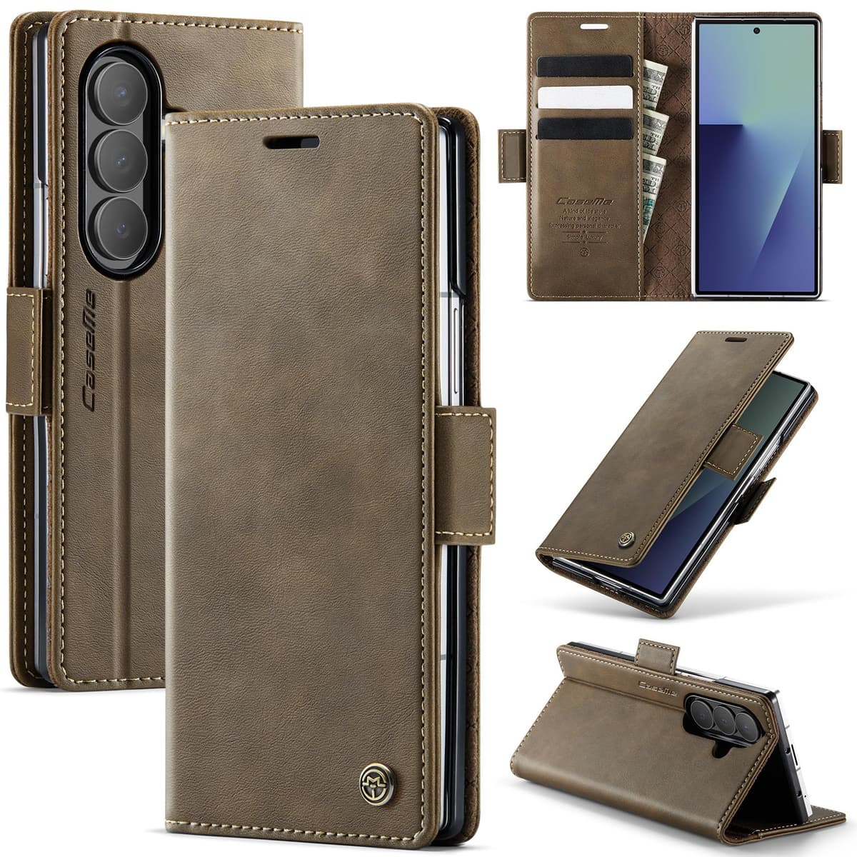 for Samsung Galaxy Z Fold 7 Case, Wallet Case Flip Leather with Card Holder Magnetic Closure Shockproof Kickstand Protective Phone Cases Cover for Galaxy Fold7, Coffee