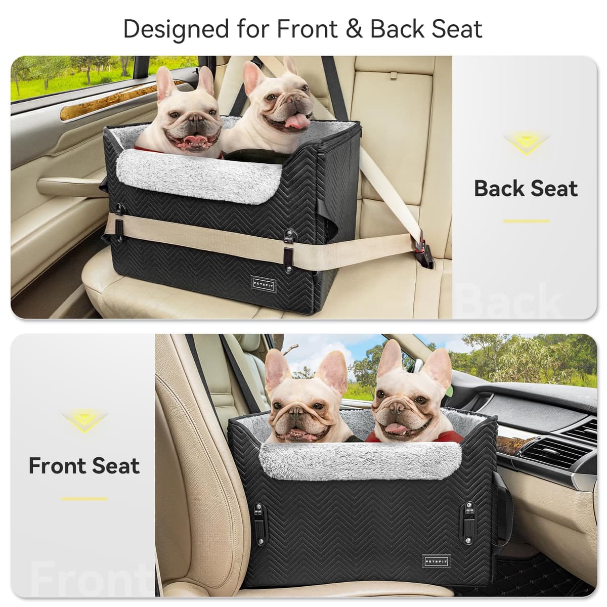 PETSFIT Dog Car Booster Seat Medium Dog Car Seat with 2 Clip-On Safety Leashes, Patented Buckles, Dog Booster Seat for Pets (Black Leather, M) — view 2