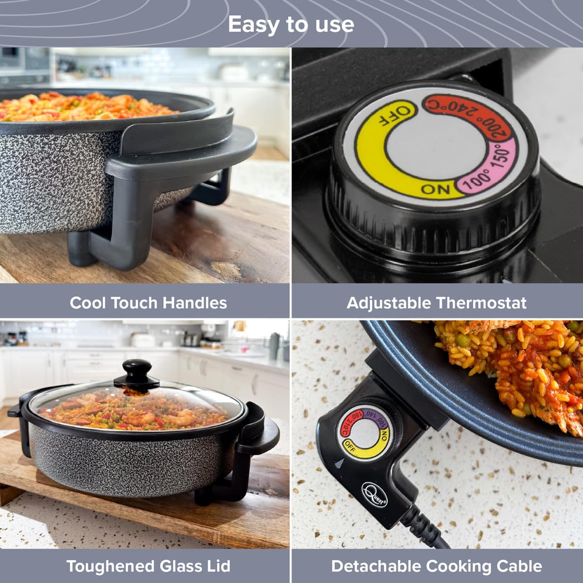 Quest 35410 30cm Multi-Function Electric Cooker Pan with Lid/Adjustable Thermostatic Control/Non-Stick Aluminium / 30 x 30cm Surface/Detachable Power Cable For Serving — view 5