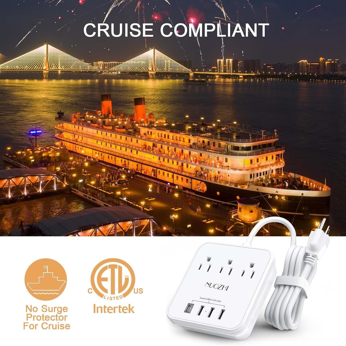 Cruise Essentials, NUOZHI 6 Ft Power Strip with 3 Outlets and 4 USB Ports(1 USB C), Non Surge Protector for Cruise Ship, Travel, Home Office, ETL Listed, White 6 Ft White — view 5