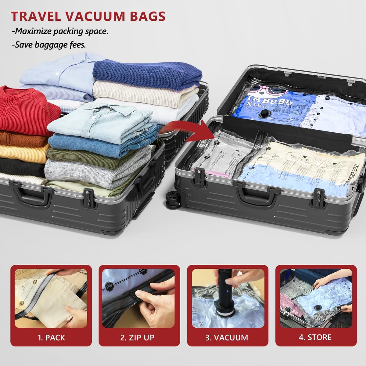 Vacuum Seal Bags for Travel with Rechargeable Pump, 18 Pack Carry on Compression Packing Bags for Luggage, Backpack and Suitcase, Space Saver Storage Organizer for Clothing Clothes — view 2