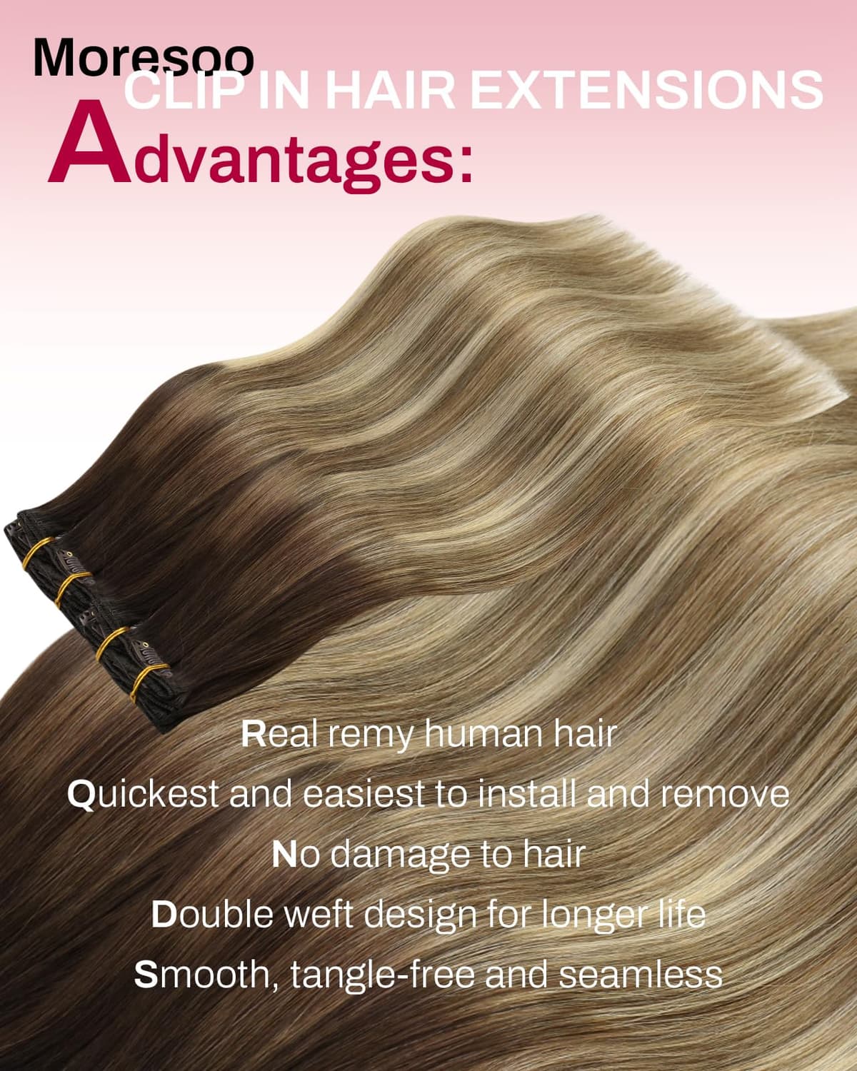 Moresoo Clip in Hair Extensions Real Human Hair Balayage Medium Brown and Blonde Real Hair Extensions Clip in Human Hair for Women Full Head 22 Inch 7pcs/120g #4/6/613 — view 2