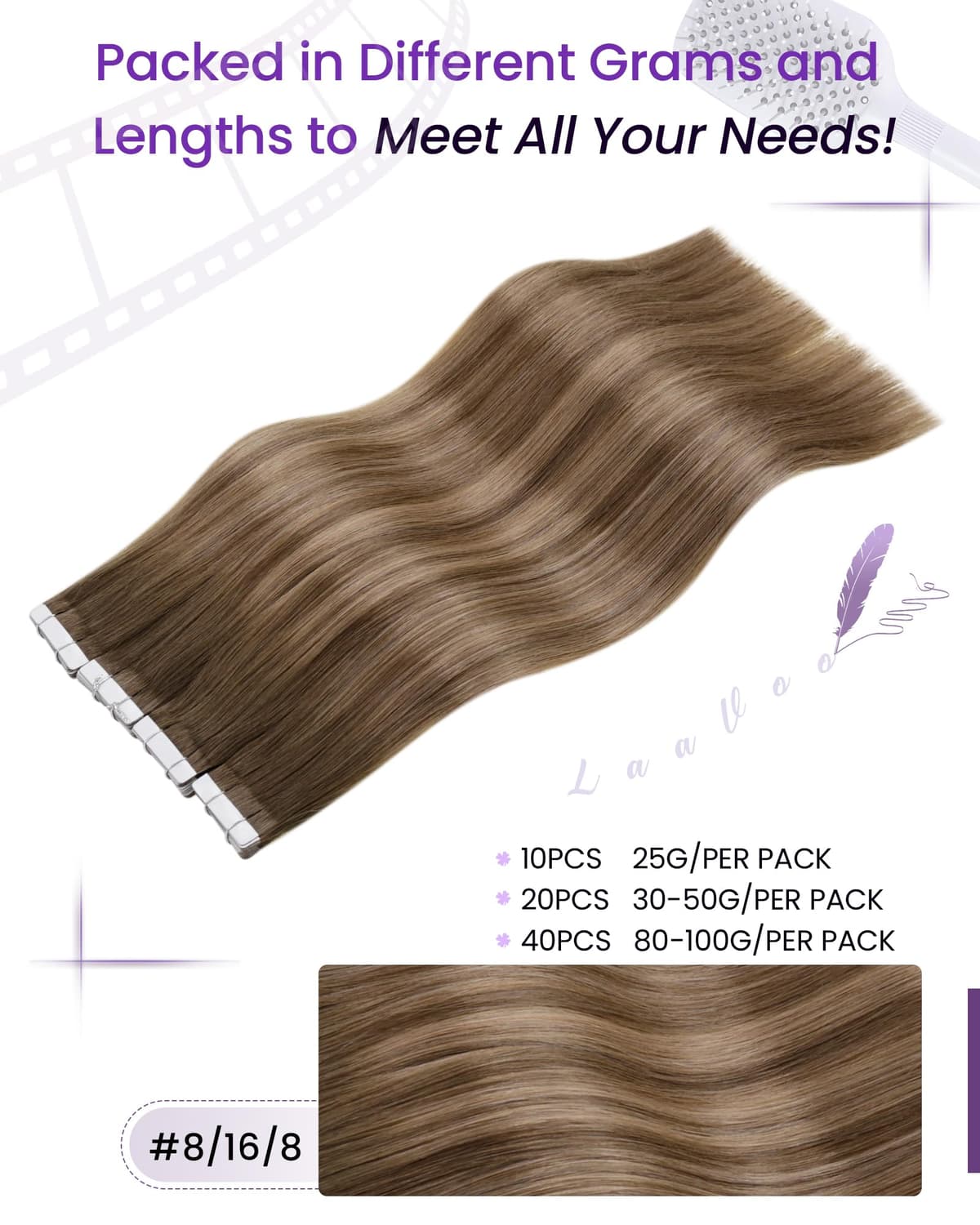 LaaVoo Tape in Hair Extensions Human Hair Blonde Tape Hair Extensions Real Human Hair Invisible Tapes Remy Straight Balayage Brown to Blonde Hair Double Sided Tabs 20pcs 50g 16 Inch #8/18/60 — view 68
