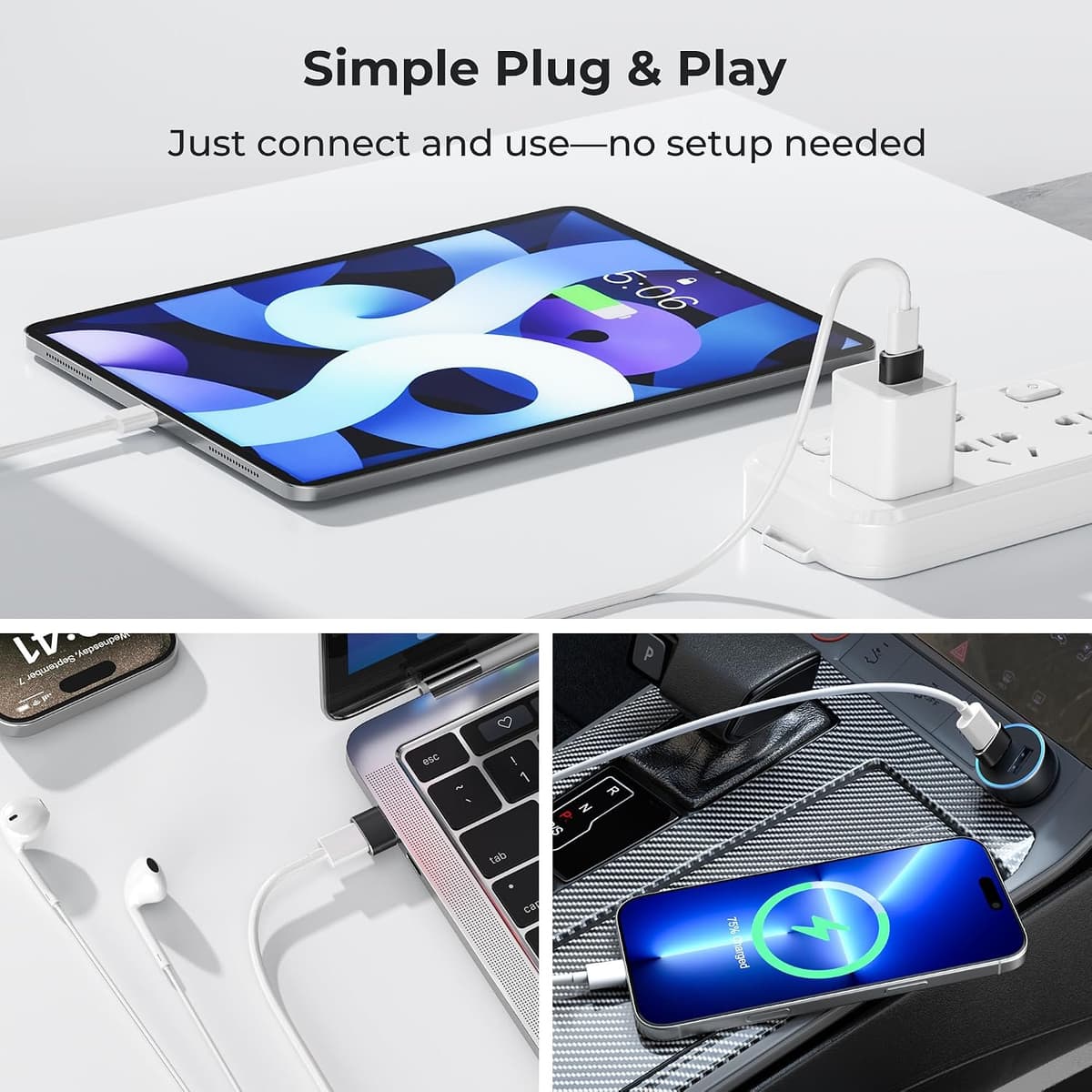 BASESAILOR USB to USB C Adapter,USBC Female to USB A Male Adapter,Type C Converter Charger for iPhone 17 17e Pro Max,16 15,Apple Watch iWatch S11 S10,AirPods,iPad Mini Air,Samsung Galaxy S26 S25,3Pack — view 5