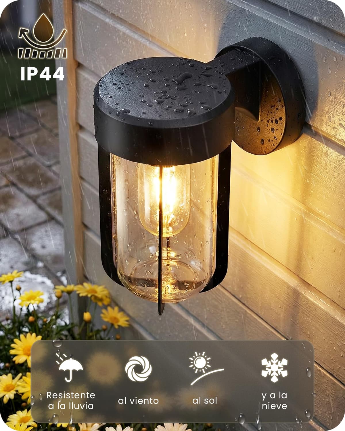 Aplique de Pared para Exterior con Carcasa Metálica y Pantalla de Cristal Transparente, Base E27 (Bombilla no incluida), Protección IP44, Balcón, Porche, Patio, Jardín, Garaje, Pasillo, Negro — view 3