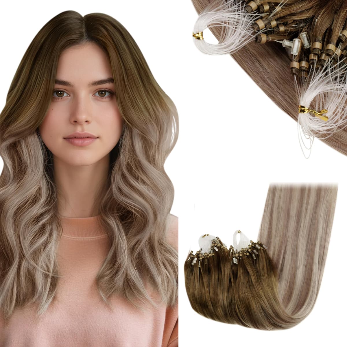 RUNATURE 18 Inch Nano Beads Hair Extensions Real Human Hair Ice Blonde Nano Hair Extensions Real Human Hair White Blonde Invisible Nano Rings Straight Remy Hair 50g 50s #800 — view 19