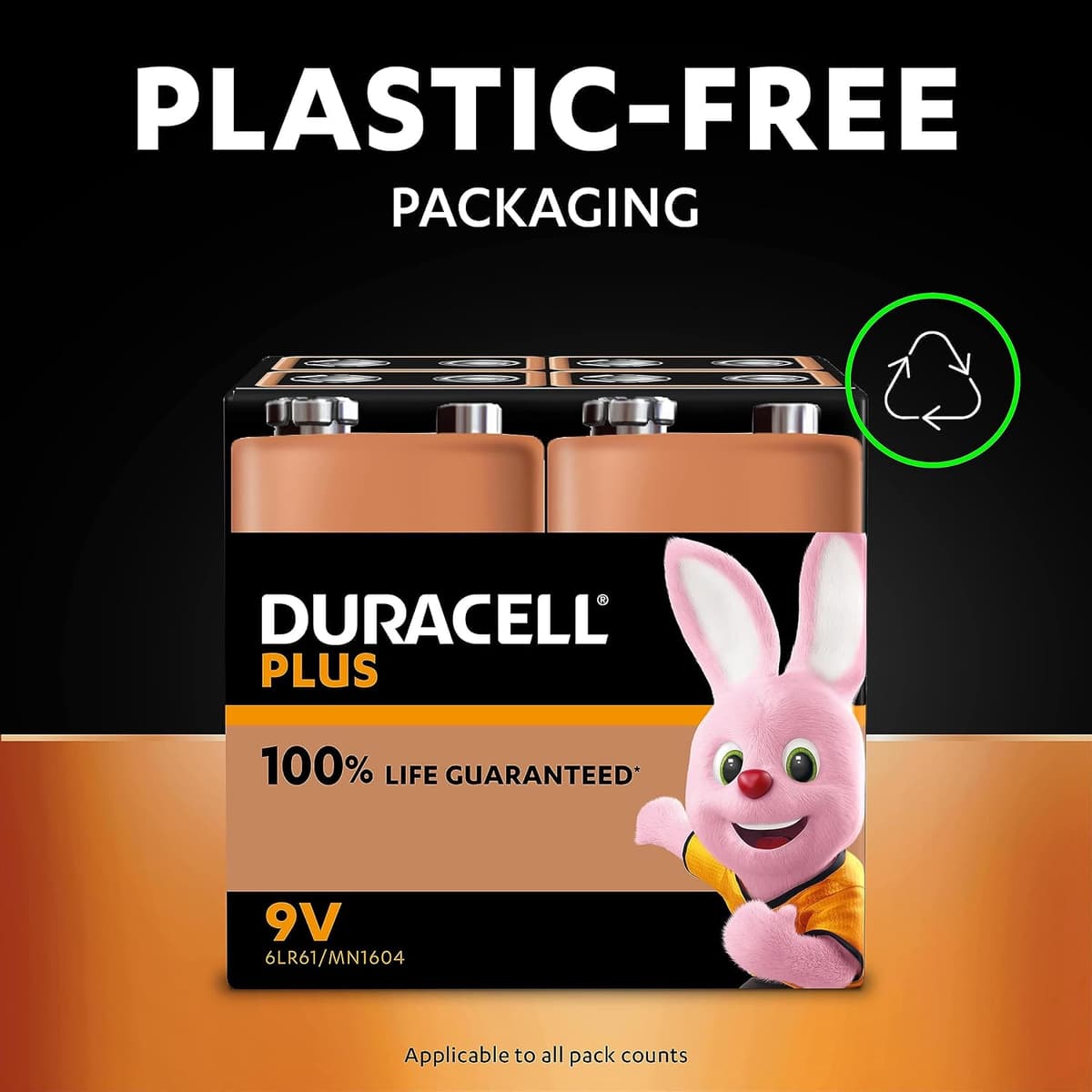Duracell Plus 9V Batteries (2 Pack) - Alkaline - 100% Life Guaranteed - Reliability For Everyday Devices - 0% Plastic Packaging - 5-Year Storage - 6LR61 MN1604 — view 5