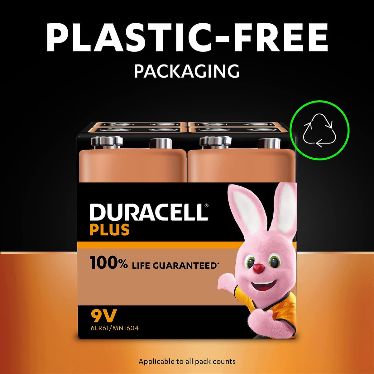 Duracell Plus 9V Batteries (4 Pack) - Alkaline - 100% Life Guaranteed - Reliability For Everyday Devices - 0% Plastic Packaging - 5-Year Storage - 6LR61 MN1604 — view 6