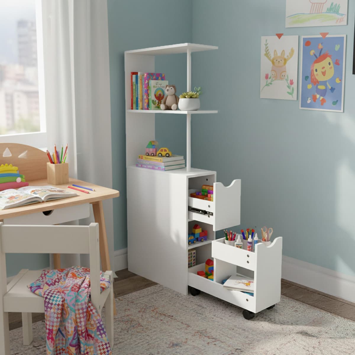 Baroni Home Columna de baño que ahorra espacio, mueble alto con estantes abiertos y cajones, multiusos, columna moderna para baño, cocina y dormitorio, 45 x 15 x 113 cm, 3 estantes y 2 cajones, color — view 5