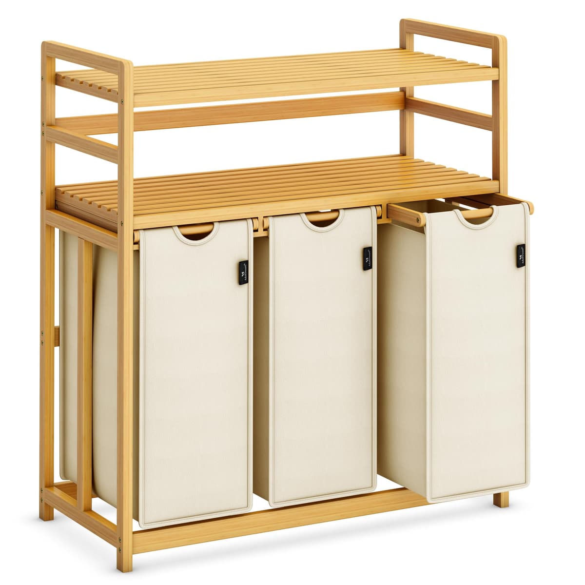 AdelDream Cesto para la colada 150 L 3 compartimentos 2 estantes extraíble y extraíble cremefarben