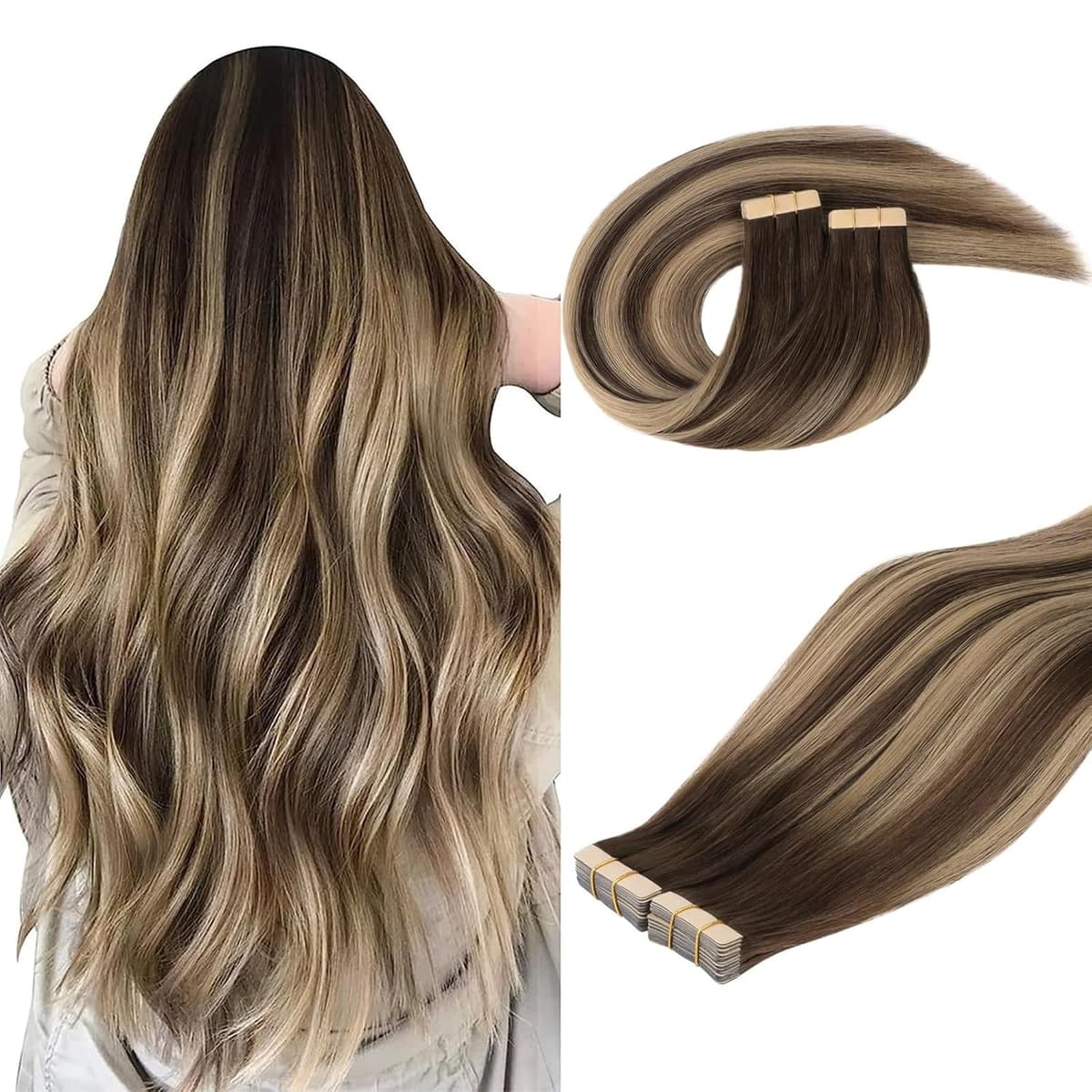 DOORES Tape in Hair Extensions Human Hair, Balayage Dark Brown to Chestnut Brown 50g 20pcs 18 Inch, Human Hair Extensions Natural Remy Straight Skin Weft — view 30