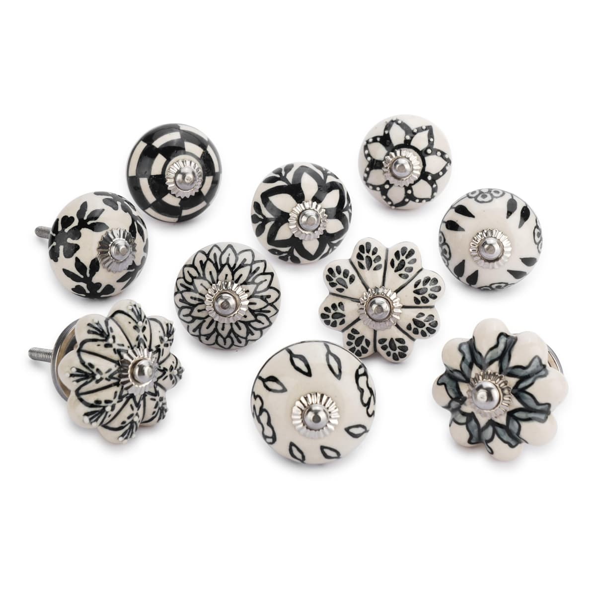 Ajuny Juego de 20 Pomos de Cerámica Vintage Blanco y Negro, Pintados a Mano – Diseños Calabaza y Redondo – Tiradores Decorativos para Armarios, Cajones y Puertas de Cocina y Baño — view 2