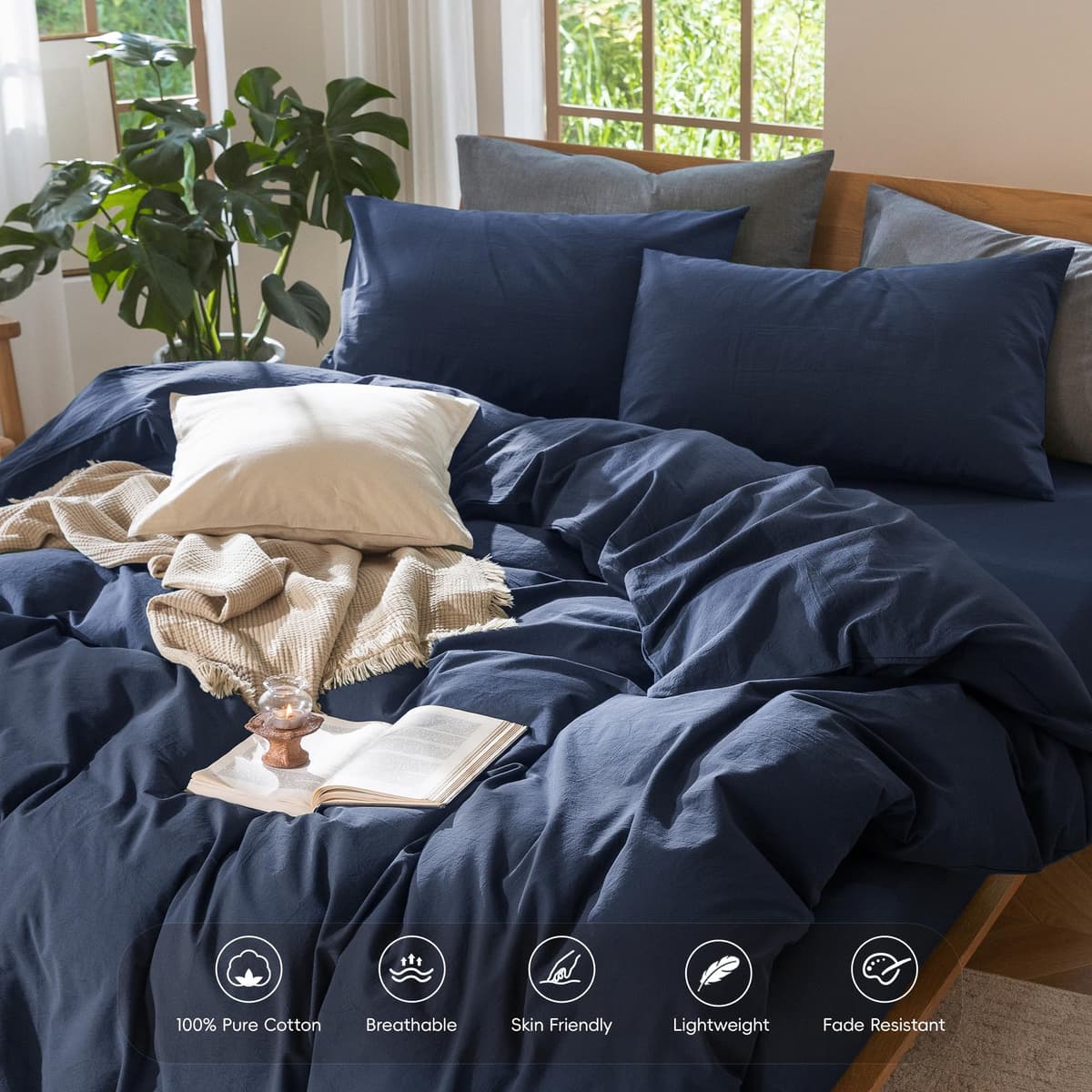 MooMee Bedding Duvet Cover Set 100% Washed Cotton Linen Like Textured Breathable Durable Soft Comfy (Tannish Linen Grey, King) — view 76