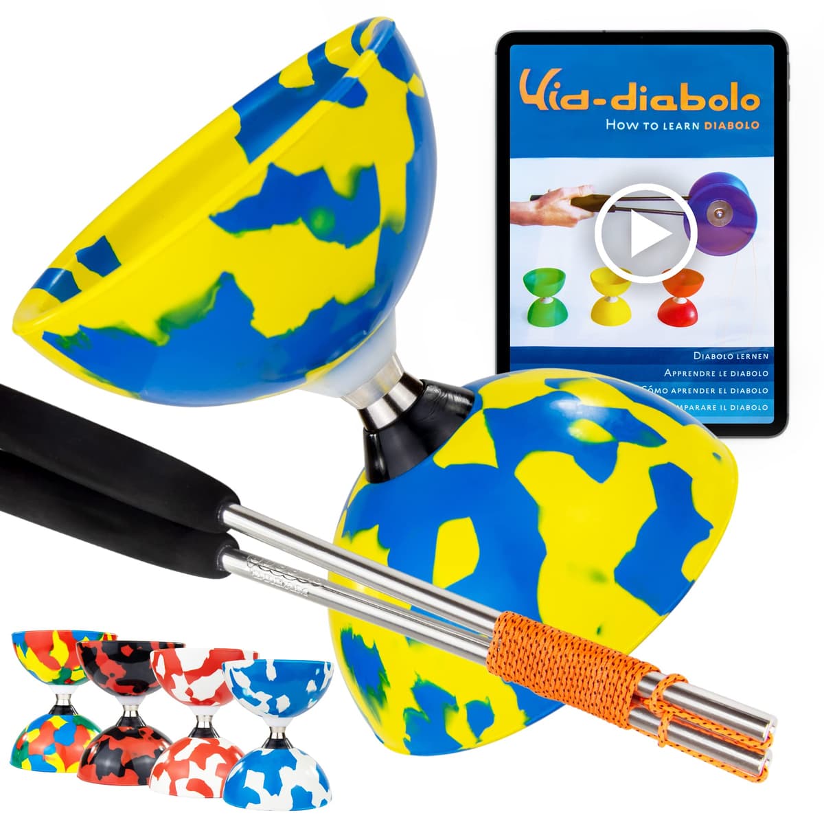 Juggle Dream Jester Diábolo Set para Malabares - Diábolo con Eje de Rodamientos con Palos de Aluminio y Vídeo de Aprendizaje en Línea (Azul/Blanco)