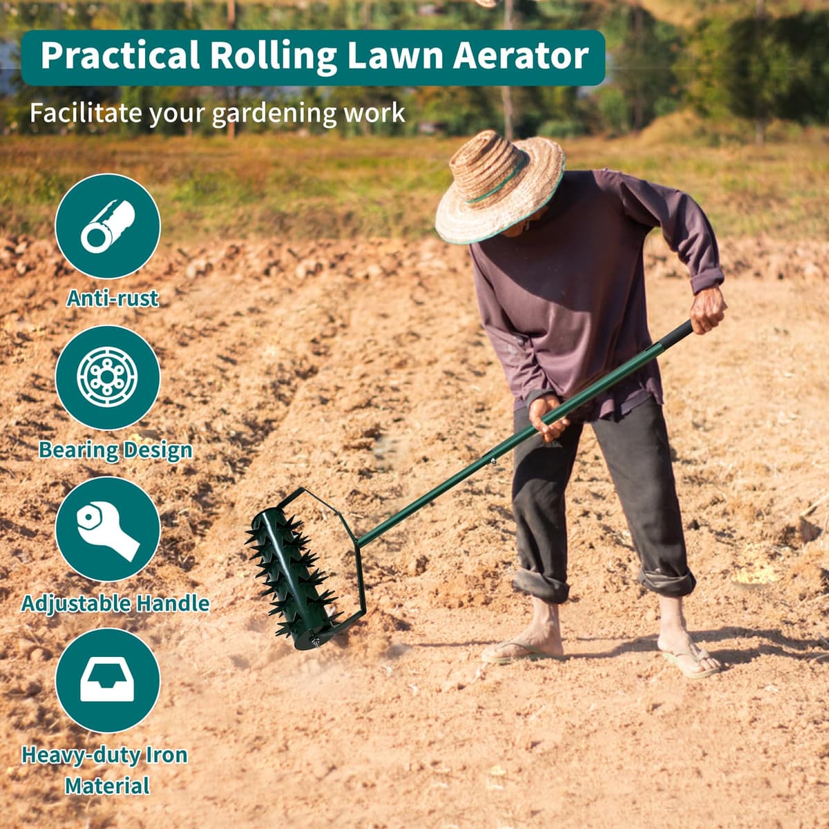 Manual Lawn Aerator, Roller Type Lawn Aerator, Lawn Roller with 2" Handle and Nails and Handle, Manual Scarifier Lawn Roller for Patios, Lawns in Garden — view 2