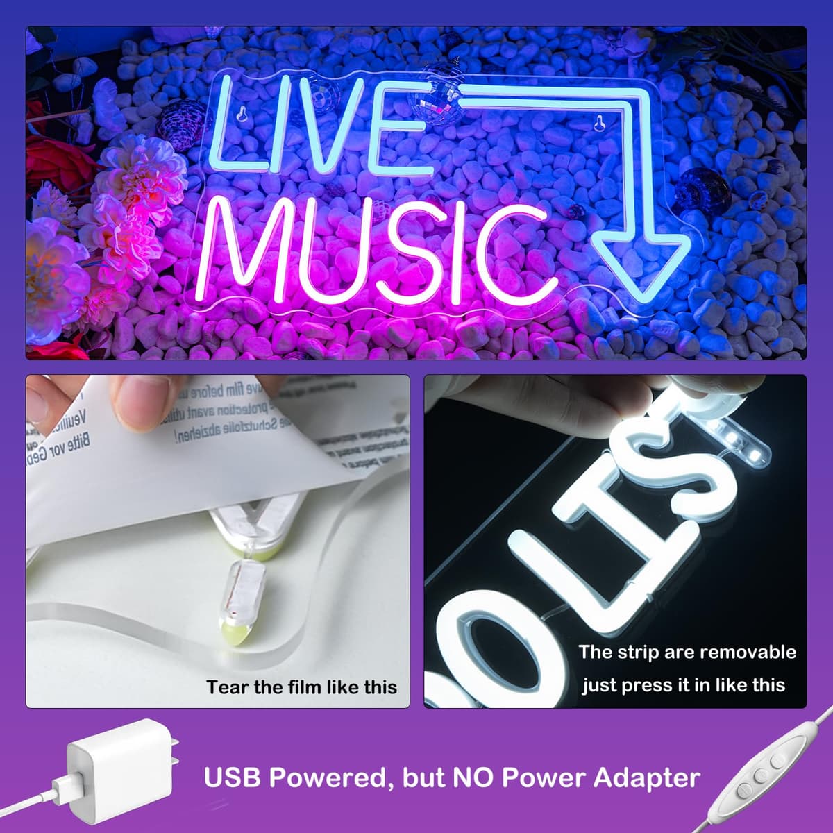 Wanxing Neon Lights Letters - Music Bar Sign, Bedroom Wall Decor, Party, Club (Blue Pink) — view 5