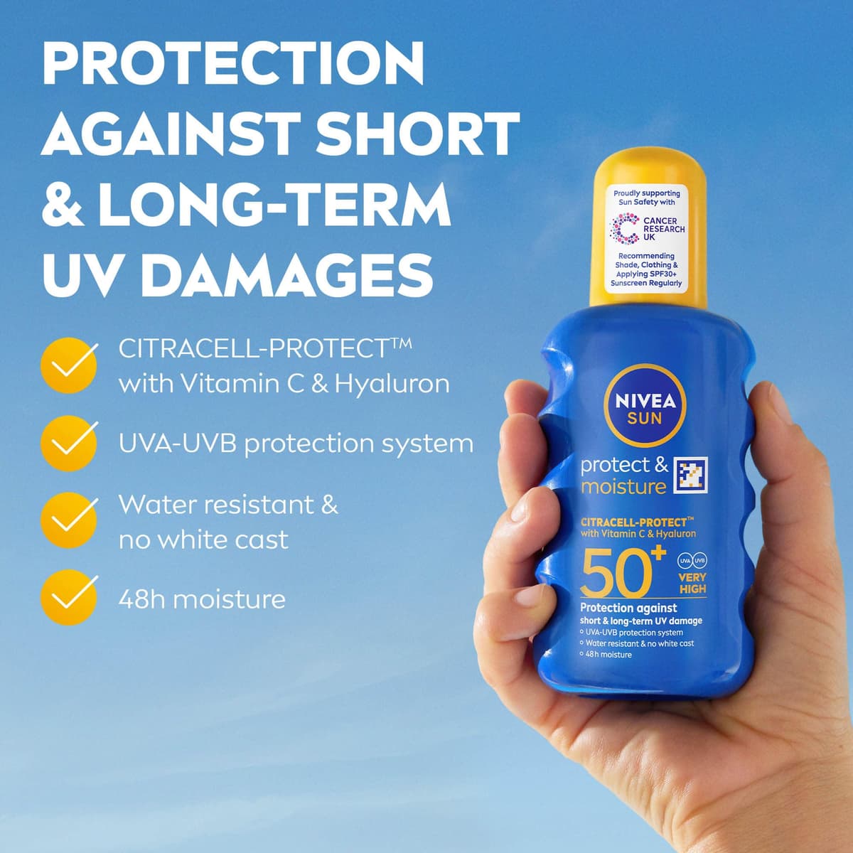 NIVEA SUN Protect & Moisture Sun Spray SPF 50+ (200ml), Moisturising Suncream Spray with Vitamin C and Hyaluron, Immediate UVA/UVB Protection, Fast-Absorbing No White Cast Formula — view 2