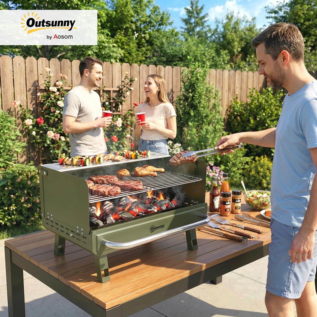 Outsunny Portable BBQ Grill, Charcoal Barbecue Grill with Adjustable Grates, Foldable Legs and Side Shelf for Camping Hiking Picnic Travel Garden Outdoor Cooking, Green — view 2