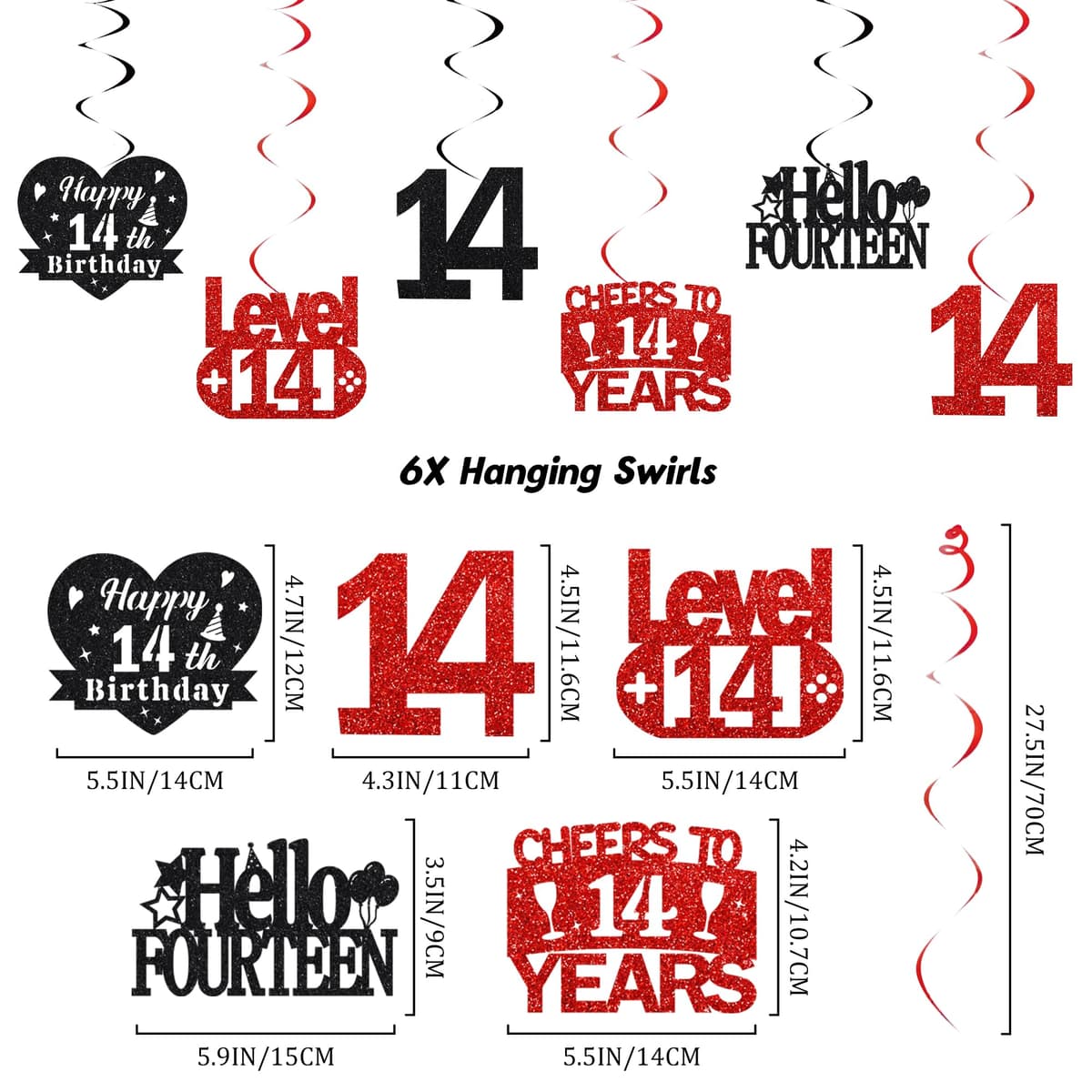 14th Birthday Decorations for Boys Girls - Black Red Glitter Happy 14th Birthday Letter Banner and Pennant Flags, Number 14 Foil Balloons and Hanging Swirls for 14 Years Old Children Party Supplies — view 3