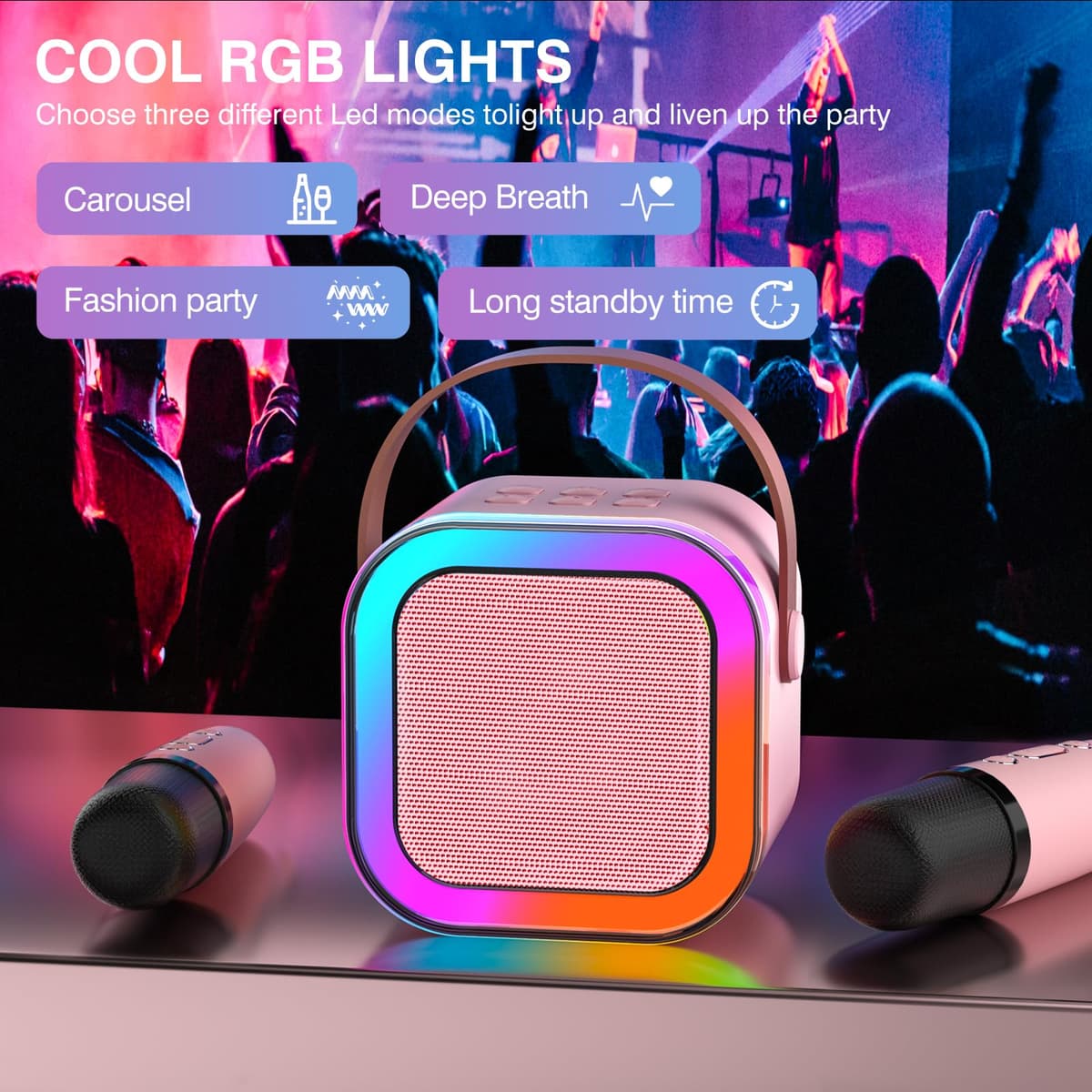TAEMVV Mini Karaoke Machine for Kids,Portable BT Speaker with 2 Wireless Microphones and LED Light Holiday Birthday Gift Toy for Boys and Girls Teens Over 4,5,6,7,8,9,10,11,12+ Years Old（Pink） — view 6