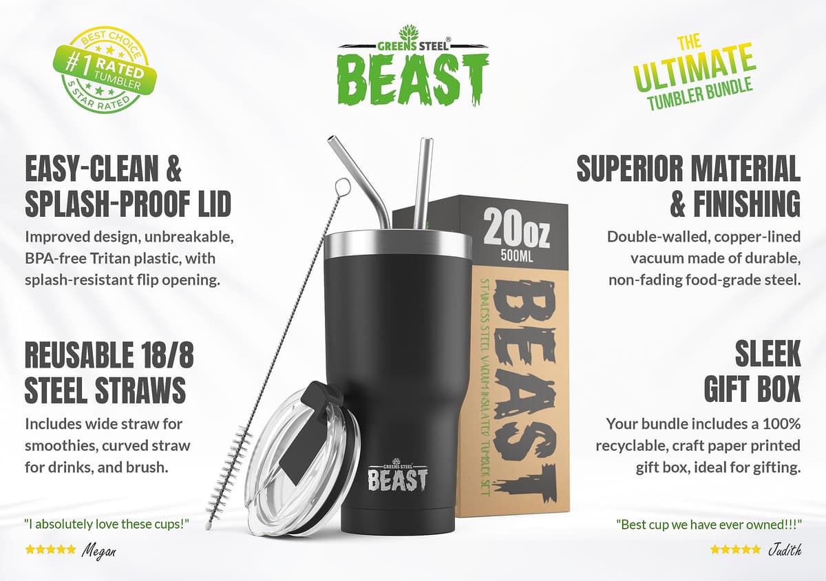 Beast Tumbler - 550 ml (20 oz), Matte Black | Reusable Stainless Steel, Vacuum Insulated Cup | with + 2 Straws & Cleaning Brush | Double Wall Travel Flask Perfect for Hot or Iced Coffee | BPA Free — view 2