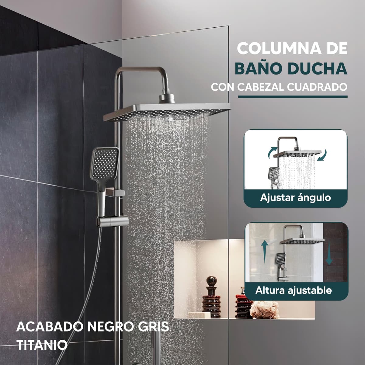 INEX EUROPA Columna Ducha Negro Gris Titanio con Cabezal Cuadrado - Columna de Ducha 4 Modos y Altura Ajustable – Cabezal, Chorro, Grifo y Alcachofa de Ducha – 10 Años de Garantía — view 3