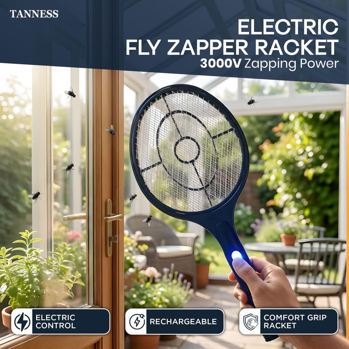 Tanness 1-Pack 3000V Rechargeable Electric Fly Zapper Racket, 22 x 50 cm, USB-C Charging, 4V 300mAh Battery, Indoor and Outdoor Use, 3-Layer Safety Mesh — view 2