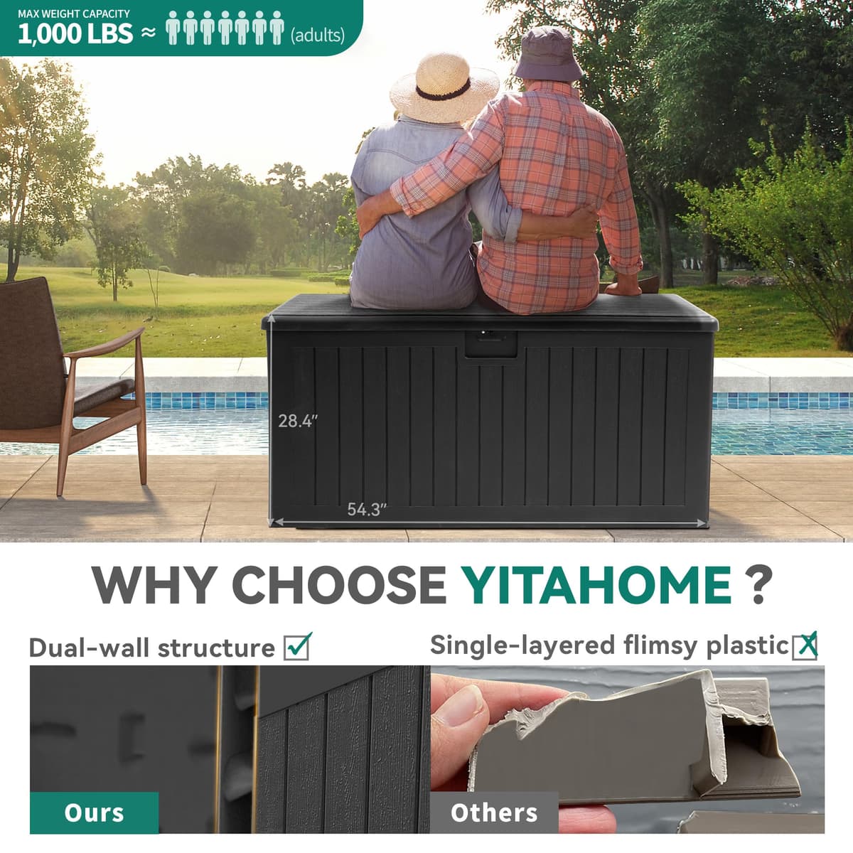 YITAHOME Garden Storage Box Outdoor 567.8L, Heavy-Duty Waterproof Resin Deck Box with Lockable Lid, All-Weather Storage Bench for Patio Furniture, Cushions, Pool & Garden Tools, Black — view 4