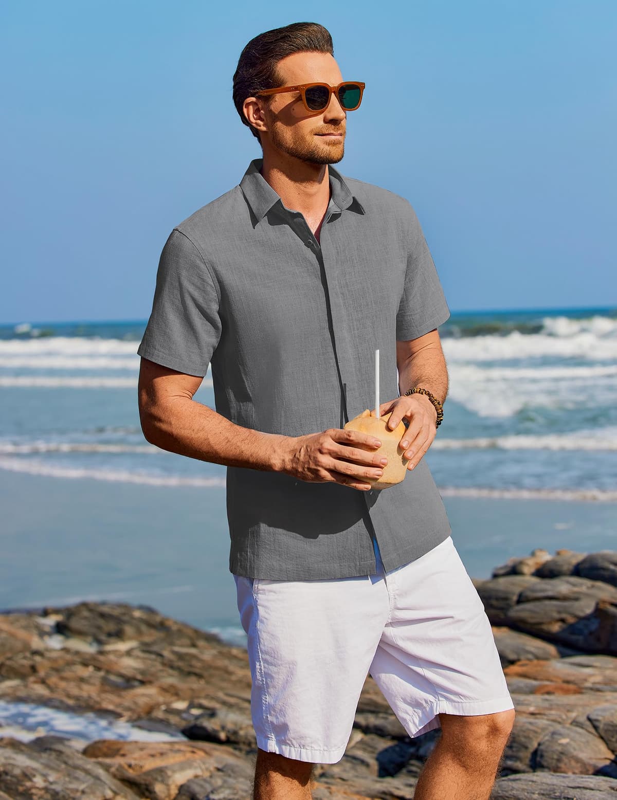 COOFANDY Camisa Hombre Manga Corta Verano 100% Algodón Camisas Hombre Casual Regular Fit — view 3