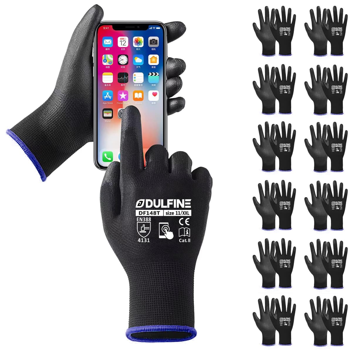 DULFINE Ultra-Thin PU Coated Work Gloves-12 Pairs,Excellent Grip,Nylon Shell Black Polyurethane Coated Safety Work Gloves, Knit Wrist Cuff,Ideal for Light Duty Work. (X-Small) — view 29