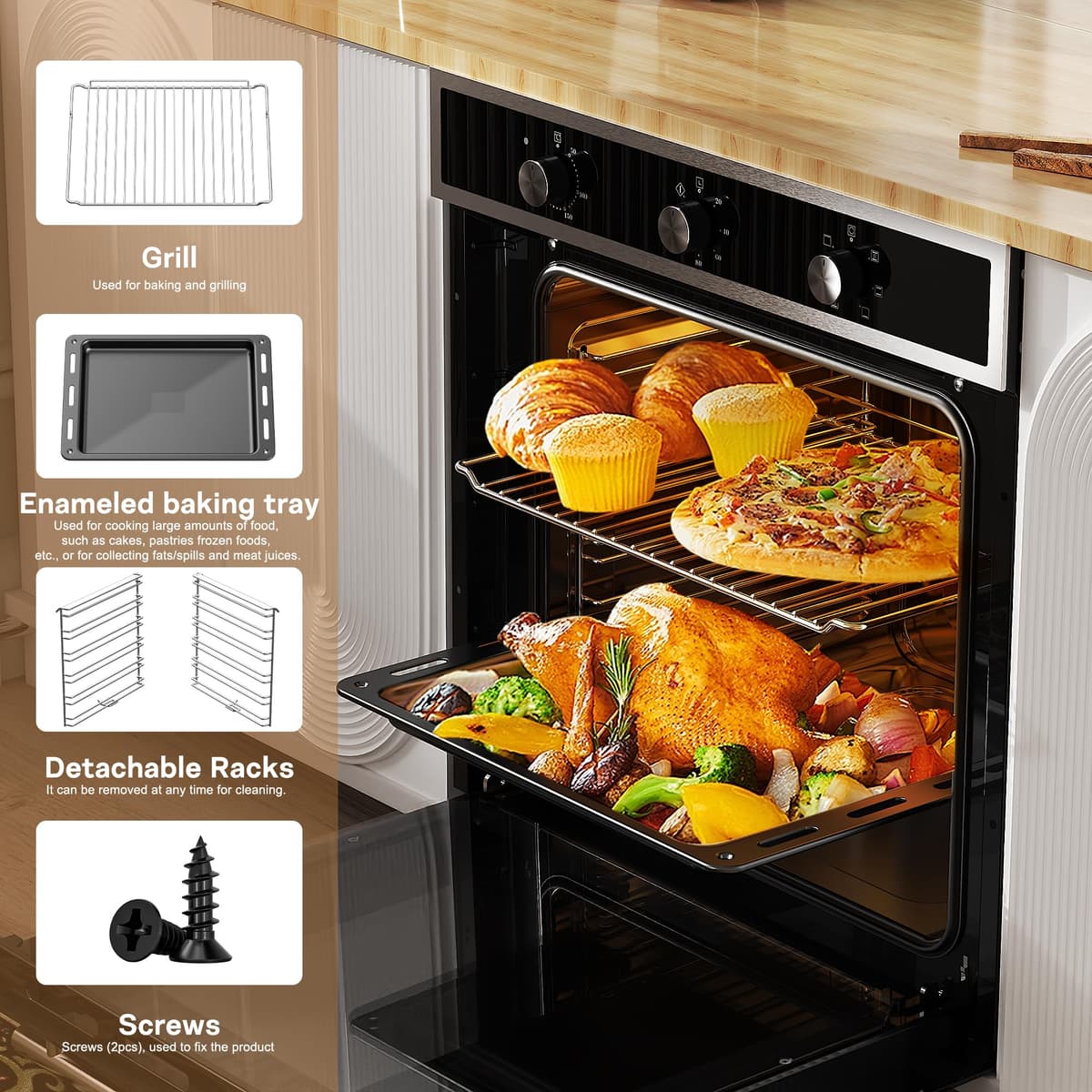 Karinear Electric Oven 60L Built in Knob Control 6 Functions 2200W Plug and Play 220V 60cm Wide Black with 120 Timer — view 5