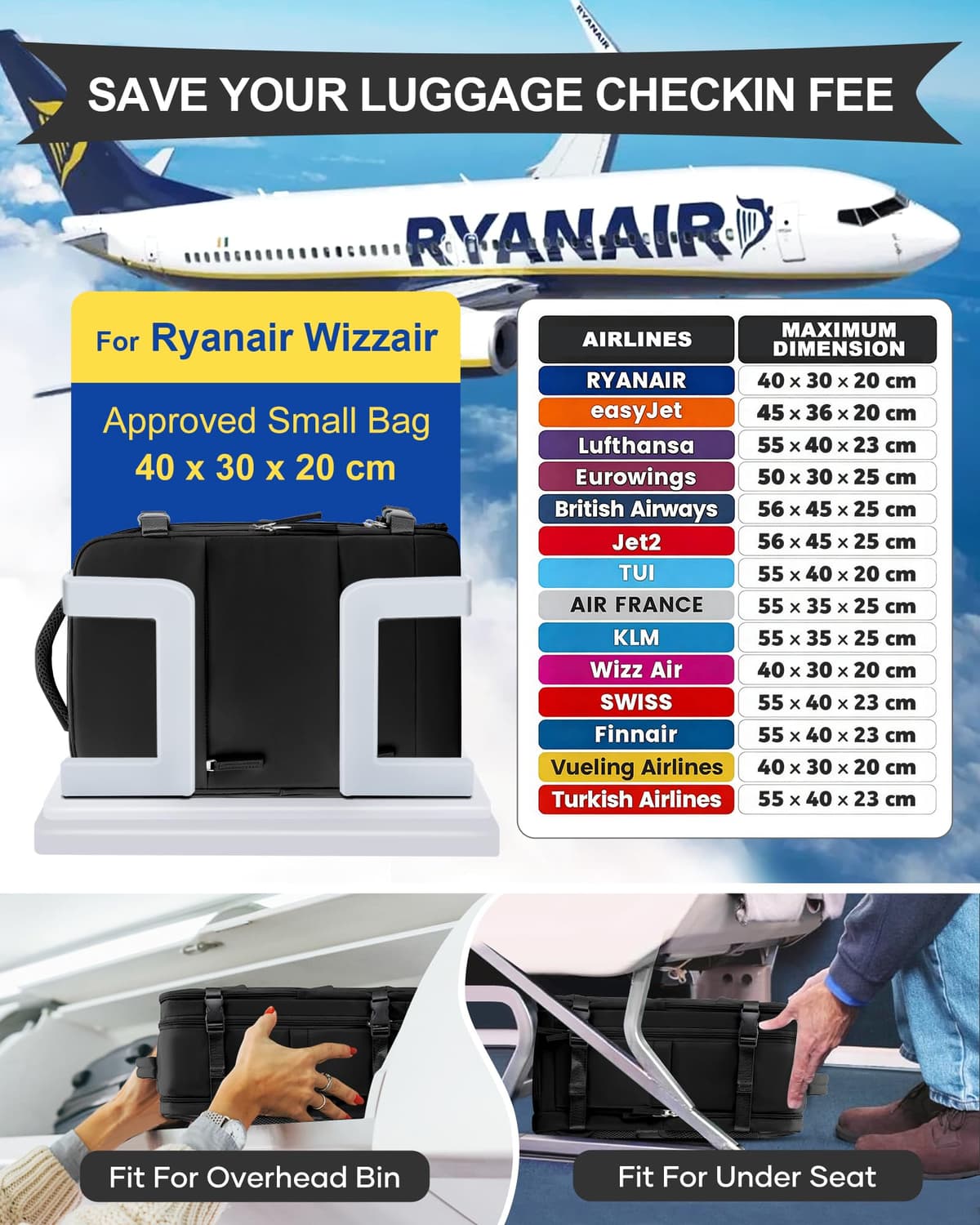 SZLX Mochila al Vacio con Bomba Equipaje de Mano 40x30x20 Ryanair Vueling Wizzair Easyjet Mochila Viaje Cabina Avion 40x20x25 Ryanair Mujer Mochila de transporte Impermeable para Computadora Portátil — view 4