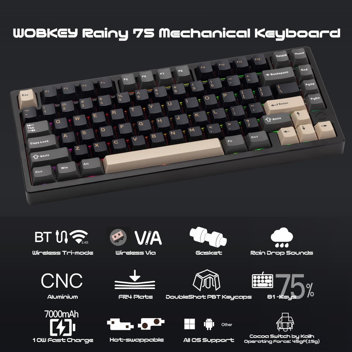 WOBKEY Rainy 75 Aluminum Cocoa Switch Mechanical Keyboard with Superior Acoustics, Wired, BT, 2.4G wireless Connectivity (Pro - Black) — view 3
