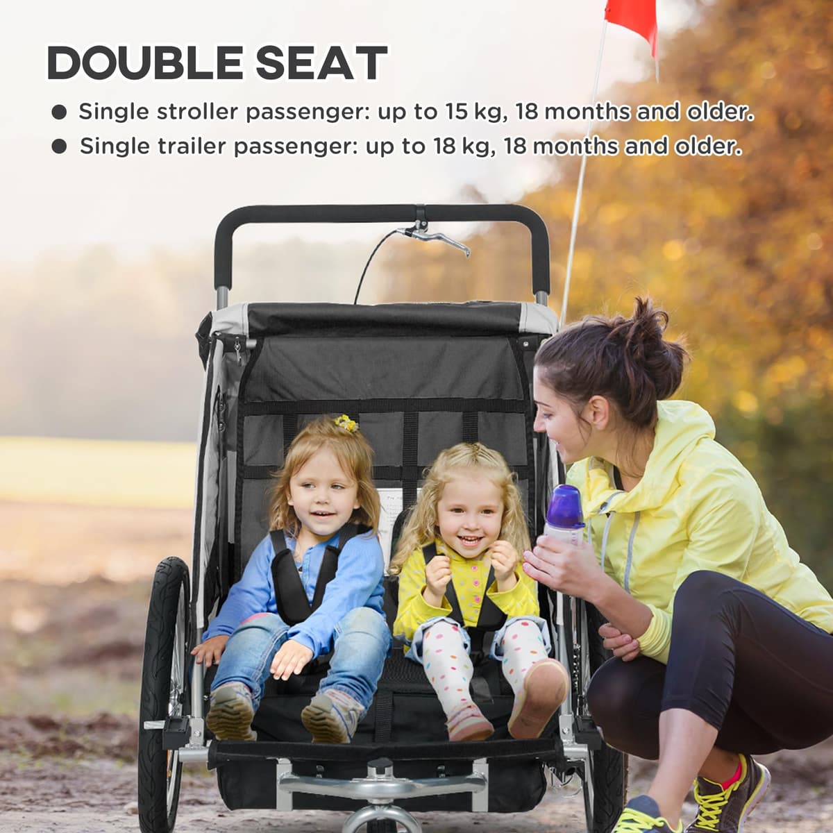 HOMCOM 2 Seat Bike Trailer for Kids, Baby Bike Stroller with 5 Point Harness, Child Bicycle Trailer with Safety Flag, Reflectors, Windproof Curtain, for 18+ Months, Black — view 4