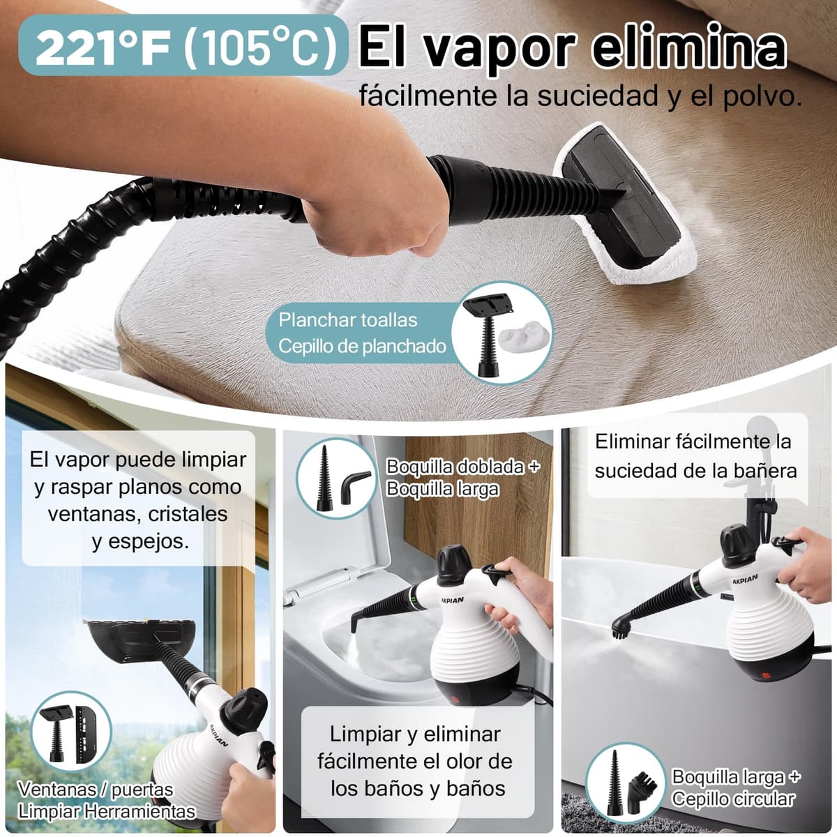 Limpiador a Vapor Portátil, Limpiador a Vapor, Limpiador Multifunción, con Bloqueo de Seguridad, Incluye un Juego de 10 Accesorios, Apto para Cocinas, Cortinas, Sofás, Baldosas y Baños — view 4