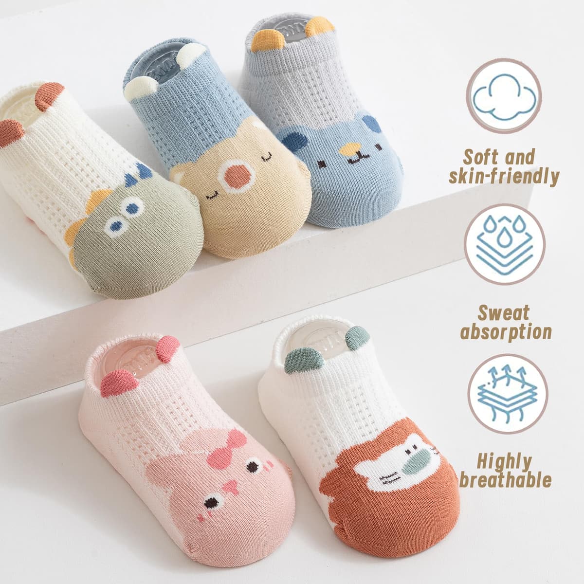 Baby Non-slip Ankle Socks with Grip, Cotton, Breathable, for Babies, Boys, Girls, 5 Pairs of Multicoloured — view 6