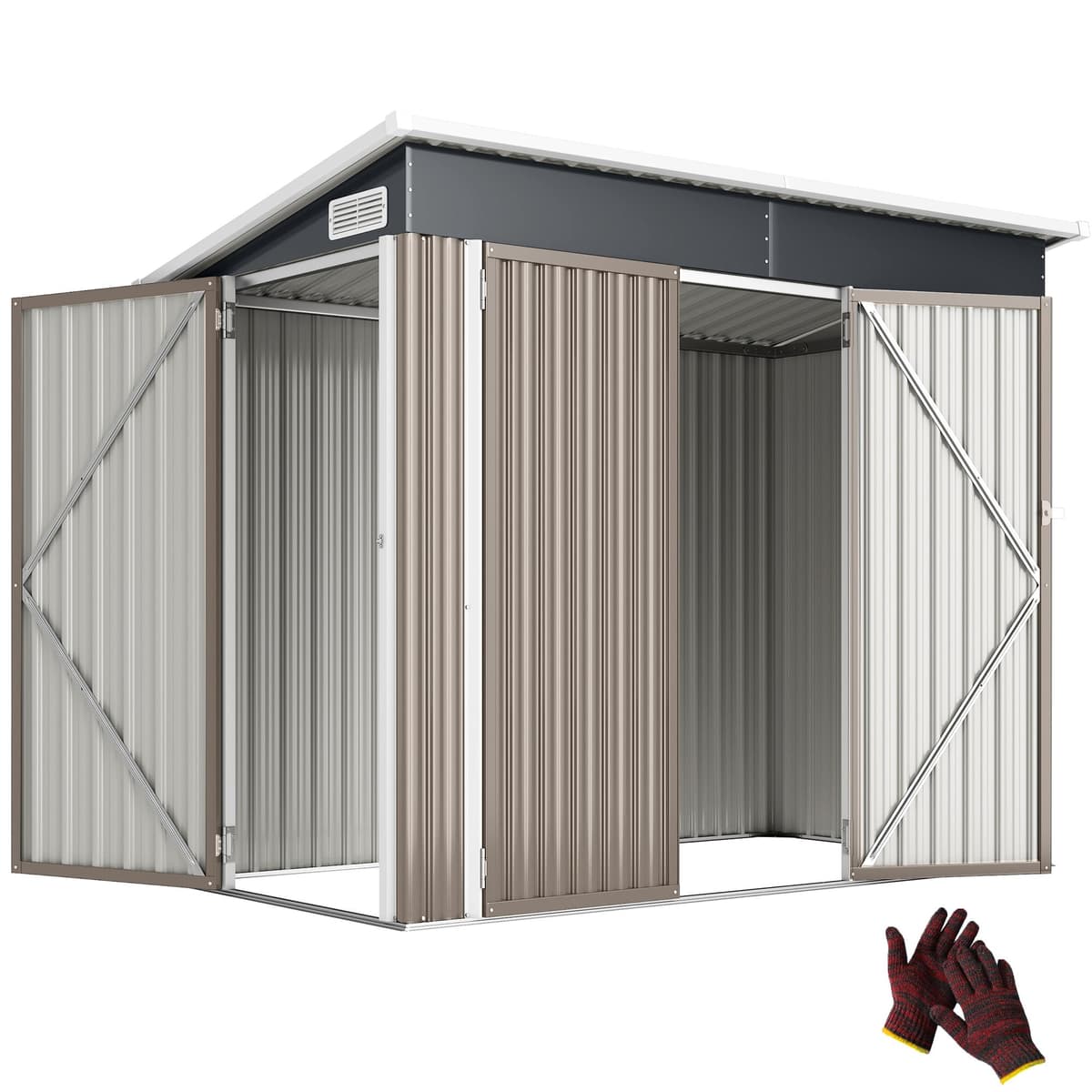Outsunny 7.5 x 4.3ft Metal Garden Storage Shed, Waterproof Outdoor Shed with Triple Lockable Door, Gloves, Vents and Pitched Roof, Tools Bike Storage for Garden, Patio, Courtyard, Light Grey