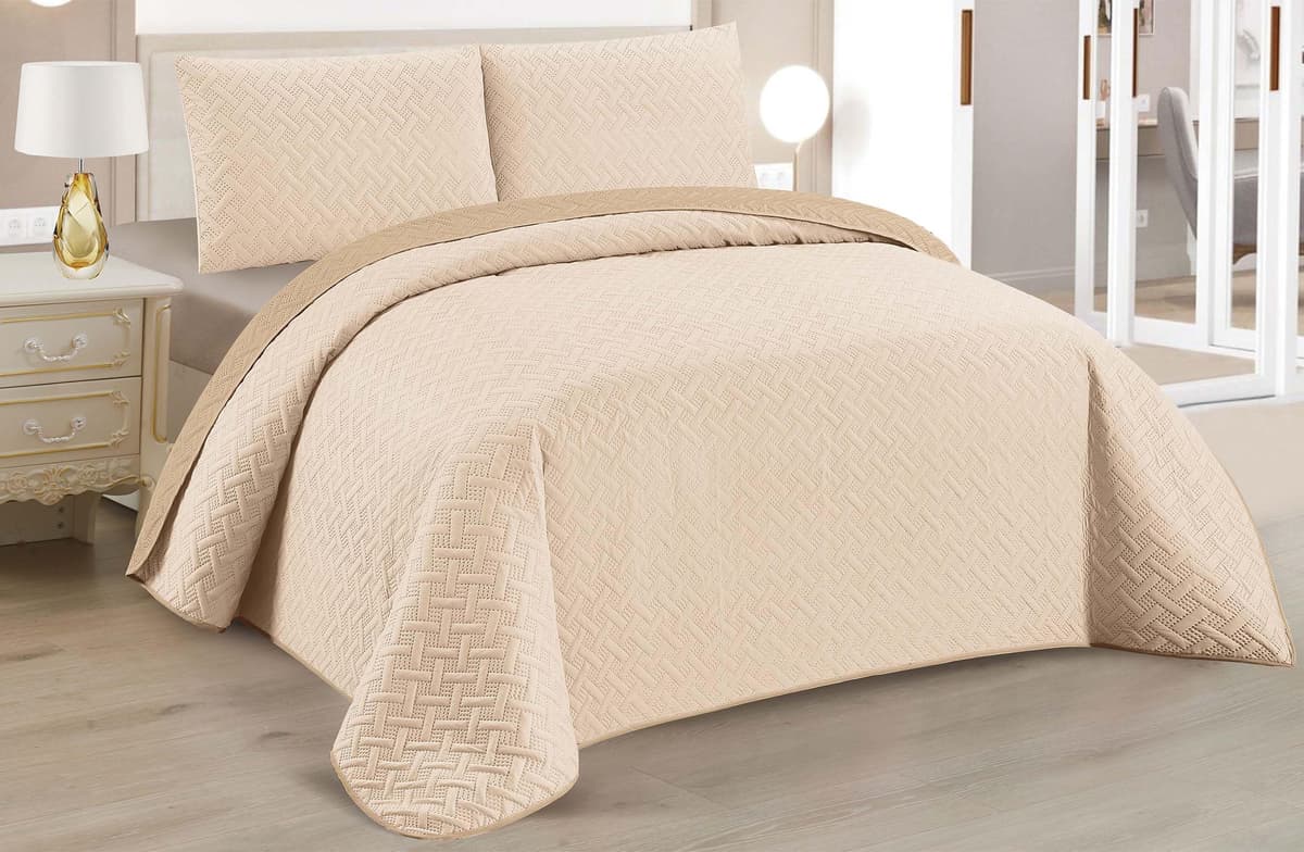 Colcha Boutis para Primavera y Verano Bicolor Reversible Liso de Color Beig + 2 Funda Cojin 50x70 cm - Colcha Ligera Fina Entretiempo (Cama 135, 220x260cm)