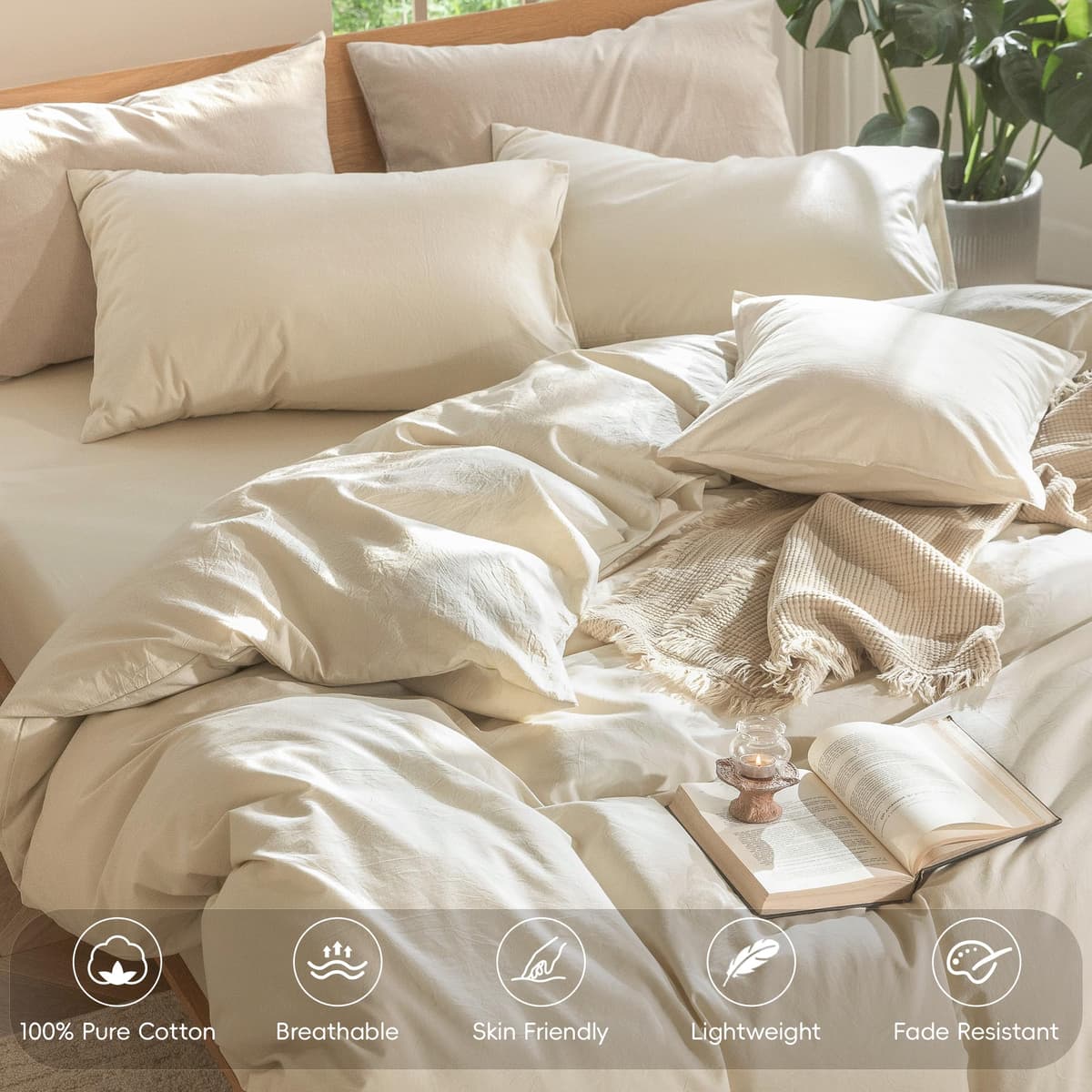MooMee Bedding Duvet Cover Set 100% Washed Cotton Linen Like Textured Breathable Durable Soft Comfy (Tannish Linen Grey, King) — view 255