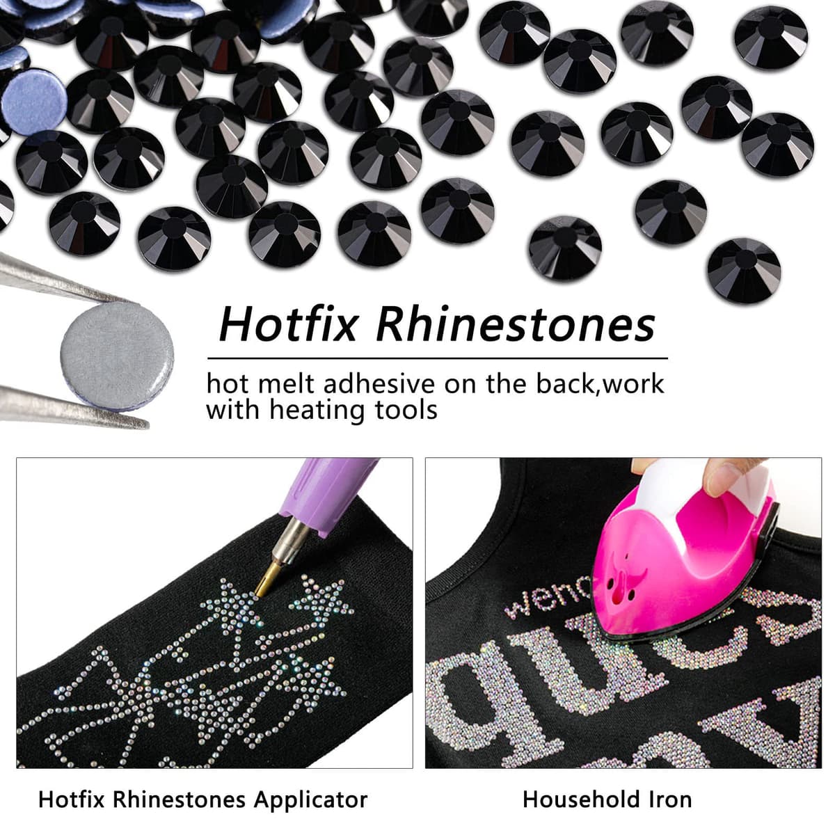 Beadsland Hotfix Rhinestones, 2880pcs Flatback Crystal Rhinestones for Crafts Clothes DIY Decoration, Black, SS6, 1.9-2.1mm — view 4