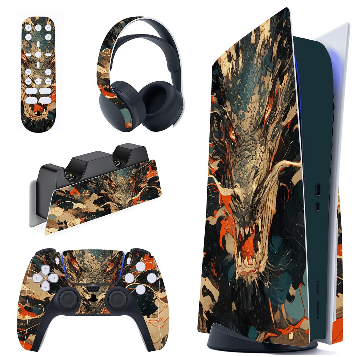 PlayVital Neon Dragoon Full Set Skin Decal for PS5 Console Disc Edition, Sticker Vinyl Decal Cover for PS5 Controller & Charging Station & Headset & Media Remote — view 23