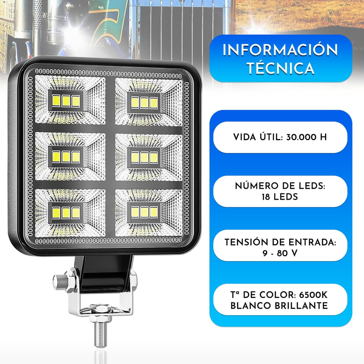 Foco led 12v 2 uds Aluminio abs 18 Leds 6500K 8.4 cm 3.34" IP65 Maxima luminosidad Faros Tractor 4x4 Largo Alcance — view 2